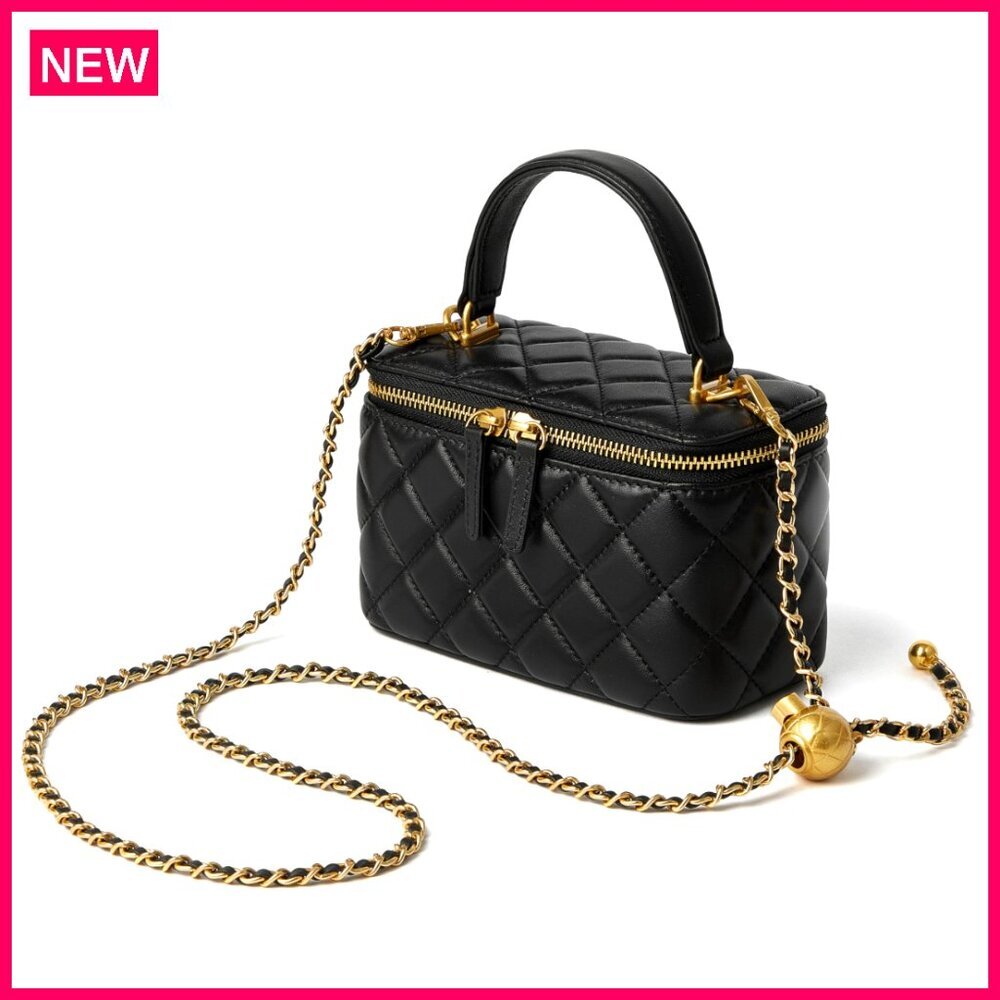 Small Quilted Leather Crossbody Bag with Chain Strap Mini Top Handle Pouch - Picture 1 of 8